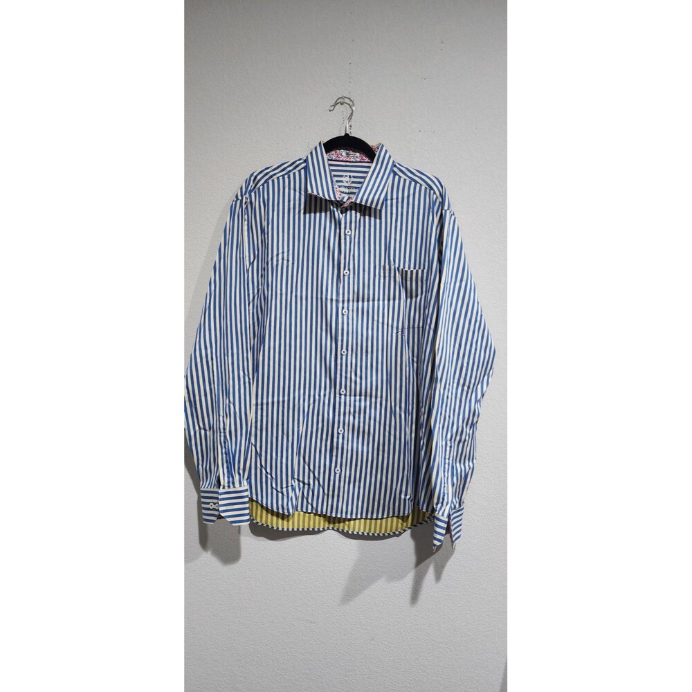 Bugatchi Blue Yellow Striped Floral Shaped Fit Button Up Long Sleeve Shirt Sz L